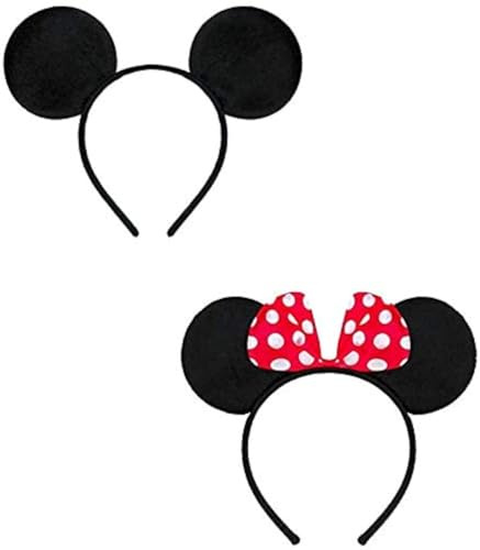 2 Pieces Black Mouse Ears on Alice Band, one with Red and White Polkadot Spotted Bow for Adults/Children Fancy Dress Costume Head Band Accessory Party Decoration Gift - Pack of 2