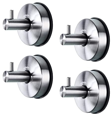 YOHOM Vakuum Saugnapf Haken Badezimmer Handtuchhaken Bad Saughaken Edelstahl Wandhaken Handtuchhalter Extra Stark Kleiderhaken Bademantelhaken Dusche Küche Ohne Bohren Pinsel Finish Silber 4 Stück
