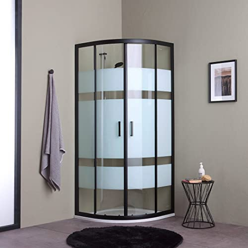 Mampara de ducha semicircular 80x80 corredera en negro mate con puertas serigrafiadas
