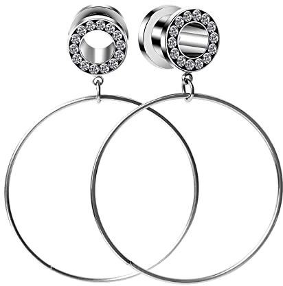 Lieson Plug Flesh Tunnel, 2 Stück Tunnel Edelstahl Set Mit Anhänger Groß Creolen Zirkonia 8mm Flesh Tunnel Silber