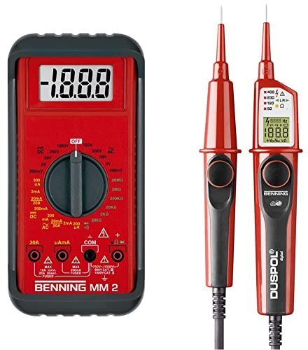 Benning MM 2 Digital-Multimeter (mit digitaler Anzeige, Max. Spannungsmessbereich DC 1000 V, inkl. Gummischutzrahmen, Tasche usw.) 44028 & DUSPOL digital Digitaler True RMS Spannungsprüfer, 50263