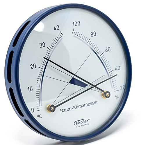 Fischer 142.48, thermo-hygromètre d'intérieur, verre, acier inoxydable bleu | hygromètre synthétique et thermomètre bimétallique, plage de mesure 20-100 % HR et 0-40 °C, diamètre 100 mm, Made in Germany