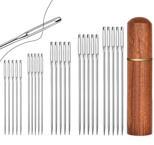 HOTUT Nähnadeln Mit Großem Öhr, 25 Stück in 5 Größen, Nähnadeln Set Mit Sandelholz-Nadelkasten, Große Augen Sticknadeln für DIY Stickerei und Nähen
