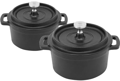 Flavehc Mini Cocotte 8 oz Mini Dutch Oven 0.25 qt. Cast Iron Garlic Roaster for Oven Garlic Confit Pot Ramekins with Lids Oven Safe Set of 2, Black