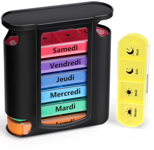 Opret Pilulier Semainier Français (Matin, Midi, Soir et Nuit) - Empilables Tour à Médicaments 7 Jours 28 Compartiments 4 Fois, pour Vitamines Suppléments Pilules (Noire)