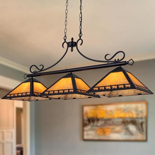 TOCHIC Pool Table Light, 3 Lights Tiffany Billiard & Pool Table Lights, 49.5 Farmhouse Chandelier for Dining Room, Rustic Light Fixture with Bear for 7, 8, 9 ft Tables, Game Room, Basement, Bar