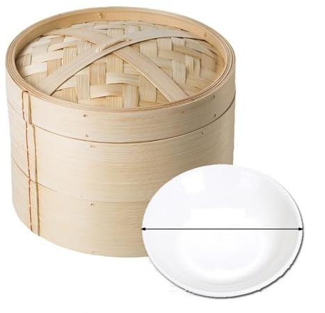 Bamboo Steamer 18CM, Two-Tier Food Steamer Basket/Dim Sum Steamer, Includes Bamboo Lid, 2 x Bamboo Basket, 13cm plate, for Buns, Dumplings, Vegetables