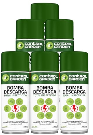 CONTROL GARDEN Pack 6 Insecticida Descarga Total 150 ML Interior y Exterior | Repelente Anti Insectos: Chinches, Ácaros, Hormigas, Arañas... | Fungicida Larvicida Ovicida Bomba de Humo Espacios 120 m2