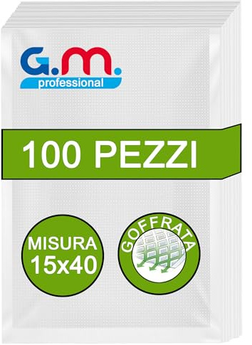 GM 100 Sacchetti Sottovuoto Goffrati per Alimenti, Misura 15x40 cm per Tutte le Macchine Sottovuoto, Buste Sottovuoto per Conservazione Alimenti e Cottura, Senza BPA