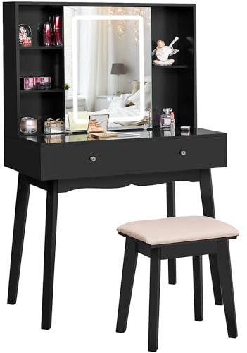 BEWISHOME Schminktisch mit Beleuchtung, Einstellbarer Helligkeit, Kosmetiktisch mit Schiebespiegel, Schminktische Frisiertisch Schminktisch Klein, Schminktisch mit hocker 2 Schubladen Schwarz EFST15H