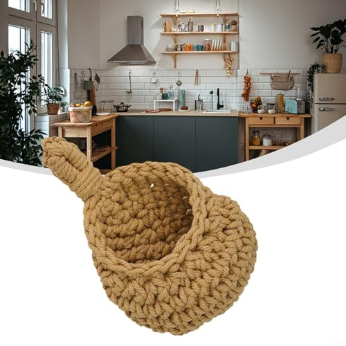 Hängende Wandkörbe, Küchen-Obst-Aufbewahrungs-Organizer, handgewebter wandmontierter Gemüse- und Obstkorb, handgefertigt und grüne Aktivität, A (B x H x T): 14 x 15 x 20 cm)