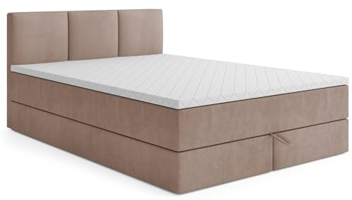 MRGROUP Boxspringbett mit Bettkasten RYGA 180 x 200 cm, Samtstoff, Polsterbett mit Bonell-Matratze und Topper, Doppelbett mit Stauraum, Bett für Schlafzimmer, Gepolstertes Kopfteil, H3, beige