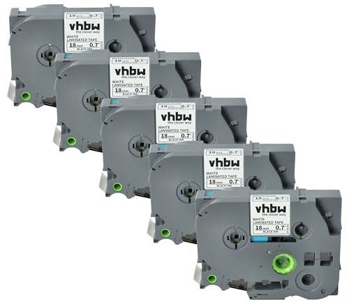 vhbw 5x Schriftband-Kassette kompatibel mit Brother PT 2400 E, 2450, 2420 PC, 2430 PC, 2450 CC, 2450 DX Etiketten-Drucker 8m x 18mm Schwarz auf Weiß