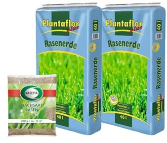 2 x 40L Plantaflor Rasenerde, Plus 250g Rasetta Rasen - Nachsaat, Erde und Rasensamen, ideal zum Ausbessern