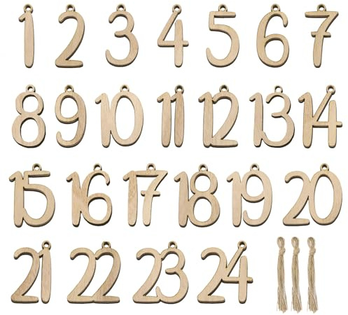 BETESSIN Adventskalender Zahlen Holz - Holzzahlen 1-24 für Adventskalender zum Basteln - Holzanhänger Zahlen für Weihnachtskalender, Weihnachtsdeko, Geschenkanhänger uvm.