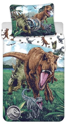 Jerry Fabrics Kinderbettwäsche Set Jurassic World Dinosaurier Dino T-Rex, Stegosaurus, Velociraptor Blue Urzeitmonster Bettdecke 140x200 + Kopfkissen 70x90 cm, 100% Baumwolle