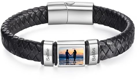 ALBERTBAND Personalisierte Armbänder für Männer Lederarmband mit Namen Foto Gravur Geschenke für Männer Papa Ehemann Freund Großvater (Silber-2 name)