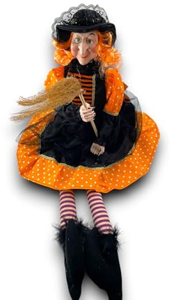 Generico Befana 60 cm Seduta – Bambola Pupazzo Decorativo con Vestito a Pois, Mantello e Scopa – Strega da Appoggio per Epifania e Halloween