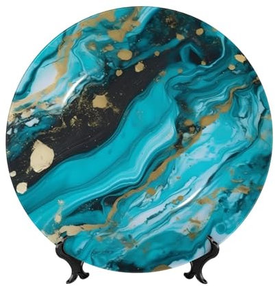 Assiettes décoratives pour présentation de 17,8 cm - Assiette à dessert en porcelaine anglaise - Bleu turquoise et or - Marbre - Assiette en céramique pour décoration murale - Décoration murale pour
