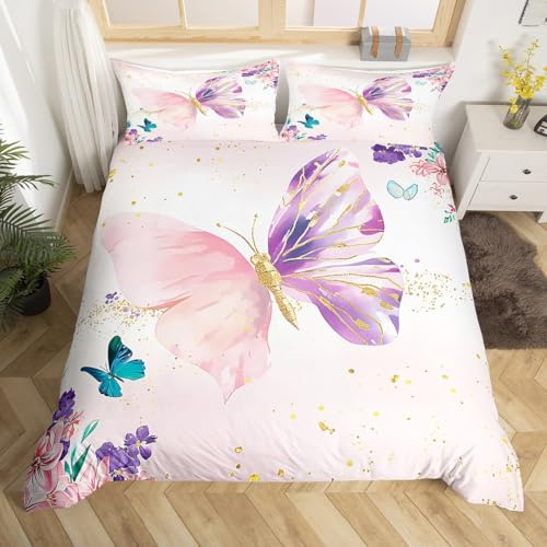 Homemissing Fille Mignon Papillon imprimé Housse de Couette 220x240cm Rose Enfants Chambre à Coucher décoration Papillons et Fleurs Parure de Lit Microfibre Douce Romantique Literie Set