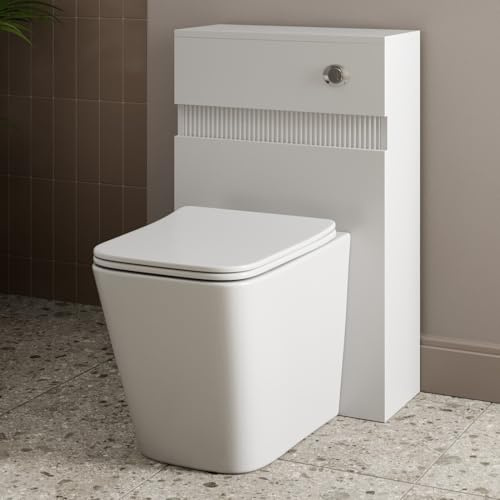 Baystone® Fluted 500mm Bathroom Back to Wall BTW Toilet WC Cloakroom Furniture Unit Pan Soft Close Seat, Dual Flush Cistern Freestanding Modern, White