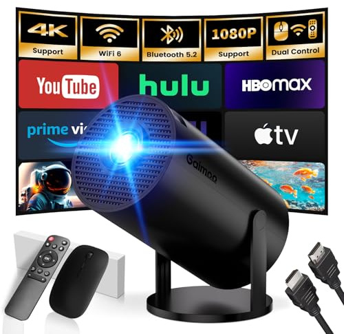 Mini Projector with WiFi and Bluetooth Built-in Apps Smart Projector Support 4K 1080P FHD 180° Adjustable Auto Keystone Compatibile with HDMI/TV Stick/Memory Stick/Laptop, Black