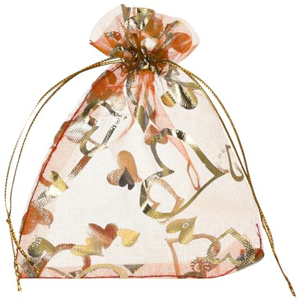 sourcing map Organza-Beutel, 10,2 x 15,2 cm, durchsichtige Herz-Netzbeutel mit Kordelzug, Geschenkbeutel, Großpackung, Partybeutel, Schmuckbeutel für Hochzeit, Süßigkeiten, Valentinstag (Orange-Gold