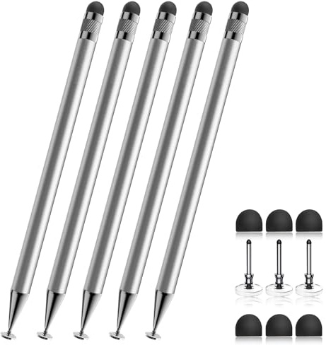 Bopomofo Lot de 5 Stylets 2 en 1 pour écran Tactile, Haute précision et sensibilité, pour iPhone/iPad/tablettes Android, compatibles avec écrans tactiles, argenté