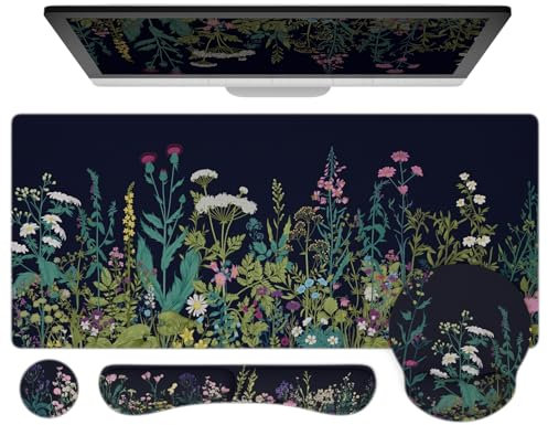 Ovenbird Mouse Pad Set 4-in-1 | Large Gaming Mousepad, Keyboard Wrist Rest, Mouse Wrist Support, Coaster | Ergonomic Office Desk Mat Accessories for Women Men | 4PCS, 35.4 x 15.7in, Black Floral