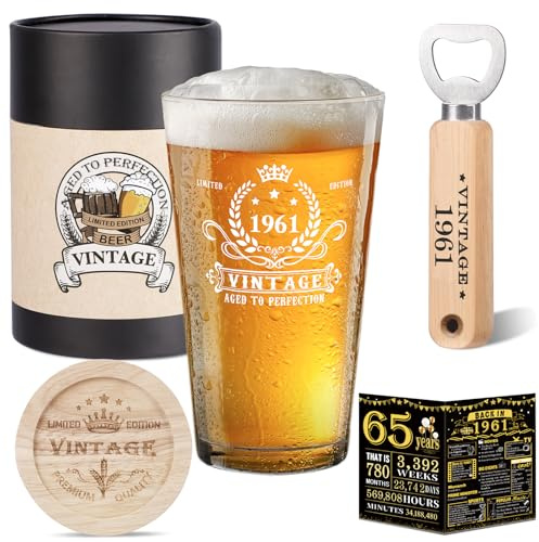 65th Birthday Gifts for Men Women, Vintage 1961 Beer Glass Gift Ideas | Happy 65th Birthday Gift Set: Beer Glass, Wooden Coaster, Wooden Bottle Opener, Vintage Box, 1961 Poster Anniversary Card