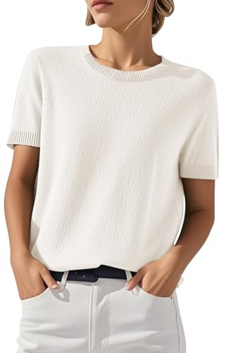 shownicer Femmes Pull Manches Courtes Printemps Été Sweatshirt Col Rond Top Tricot Couleur Unie Casual Pullover A Blanc M