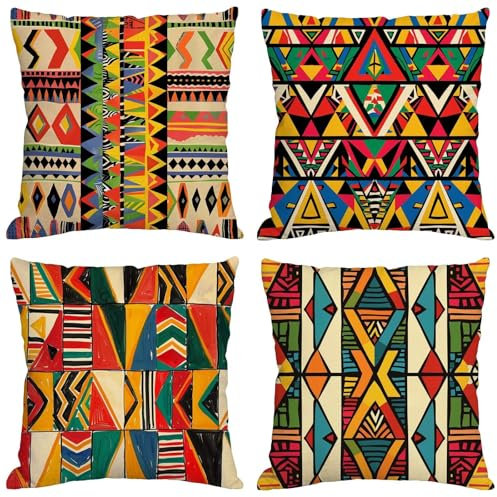 Kissen Bunt Kissenbezug 70x70 cm Groß Kissen 4er Set Wetterfest Leinen Kissenhüllen Indisch Pillow Quadratische Cushion Covers für Garten Sofa Wohnzimmer Schlafzimmer Bett Büro Zuhause Dekor m-72