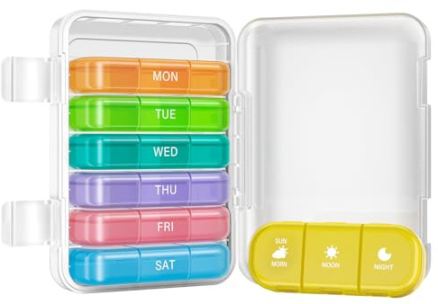 Joinice Pilulier Semainier 7 Jours Matin Midi Soir (MORN/NOON/NIGHT en anglais), Compact & Étanche – Idéal pour Pilules, Vitamines, Suppléments, Médicaments Journalier (3x7 Transparent + Arc-en-ciel)