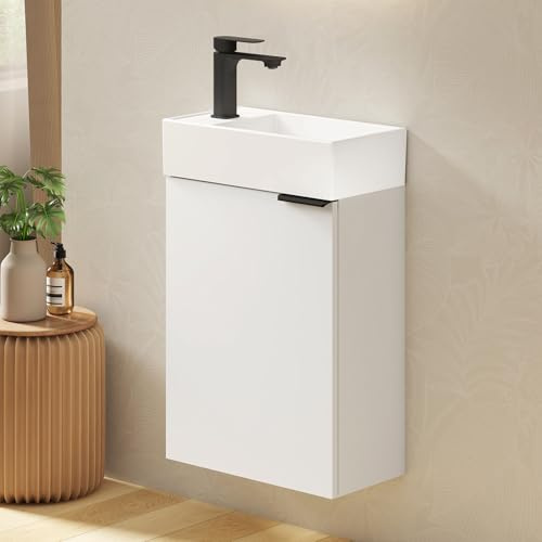 EMKE Mueble Baño con Lavabo – Estante Ajustable, Tirador Curvado Regulable, Mueble Lavabo, Ideal para Baños Pequeños y Habitaciones de Invitados, Lavabos Pequeños con Mueble,Blanco