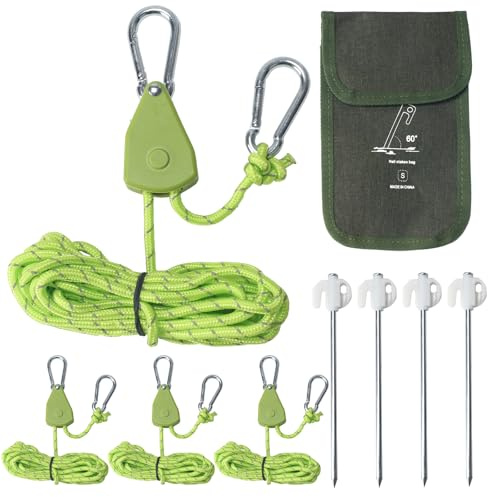NAHUAA 4 Piezas Cuerdas Reflectantes 4mm x 4m Trinquete de Cuerda de Nailon de Tienda Tensor Cuerdas Camping Nylon Paracord Cuerda de Camping con Polea para Tipo Tienda de Campaña, Toldos, Verde
