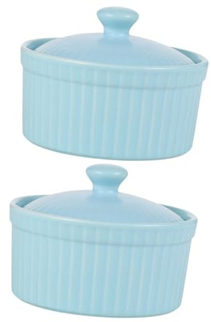 CIYODO 2 piezas Tazón de Postres con Tapa de Cerámica Set Cuencos para Pudding y Helado para Horno y Microondas Color Azul