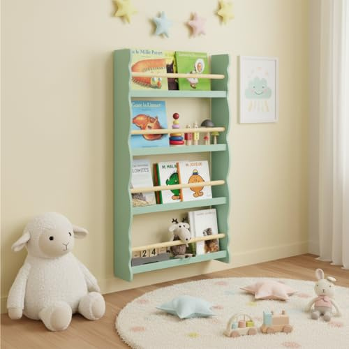 Bellabino Tista Bücherregal Kinder – Kinderbücherregal mit 4 Fächern für Bücher & Spielzeug – Wandregal für Kinderzimmer & Spielzimmer – Kinderregal Grün – Montessori Regal aus Holz 100x60x10 cm