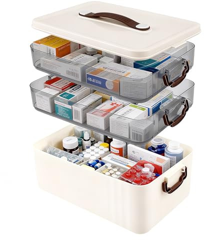 Boîte Pharmacie Familiale 3 Étages, Boite Medicaments Rangement avec Couvercle & Poignée Ergonomique, Portable Boîte à Médicament, 31.5 * 22 * 24.5cm Boîte de Medicament, Blanc