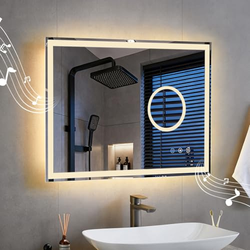ANNWA Bluetooth Badezimmerspiegel mit Beleuchtung 50x70cm, Badspiegel mit Beleuchtung und 3fach-Lupe,3000K/4000K/6500K, Dimmbar, Entfoggen, IP44 LED Badspiegel(NHYJ5736D-EU)