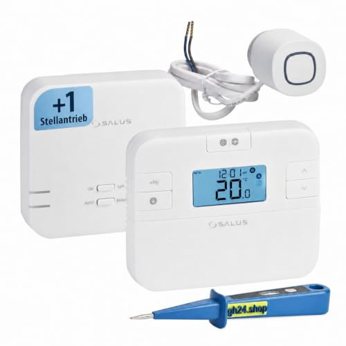 SALUS Controls SmartHome Heizung Einzelraumregelung Digitaler Funk Raumthermostat mit Empfänger, 1x Stellantrieb und 1x gh24 Phasenprüfer