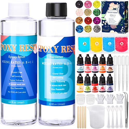 MULEVIP Resina Epossidica Trasparente 400ml, Kit Resina 1:1 Kit Resina Epossidica Completo, Colori per Resina Epossidica, con Strumenti, Adatto per la Portachiavi, Fai da Te, Creazione di Gioielli