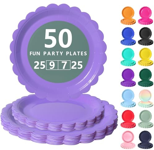 Nkaiso Platos Desechable, 50 Piezas Morado claro Vajilla de Fiesta Set -25x 23cm & 25 x 18cm Platos de Carton, legante y Resistente para Bodas, Cumpleaños y Eventos