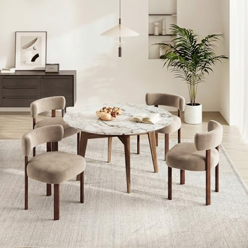 COLAMY Wooden Dining Chairs Set of 4, Velvet Fabric Chairs for Dining Room with Open Curved Backrest and Thick Seat Cushion, Upholstered Kitchen Chair with Anti-Slip Pads, Khaki