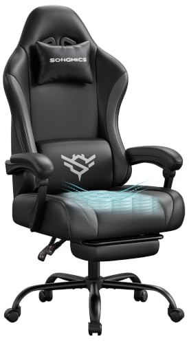 SONGMICS Gaming Stuhl, Ergonomischer Bürostuhl, PU-Leder, belastbar bis 150 KG | Mit Fußstütze und Lendenkissen, belastbar bis 150 KG, 135° Neigung, Tintenschwarz und Taubengrau, CATHY Kollektion OBG091BH01