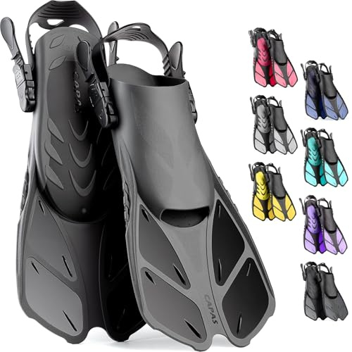 CAPAS Snorkel Fins, Swim Fins Travel Size Short Adjustable for Snorkeling Diving Adult Men Women Kids Open Heel Swimming Flippers