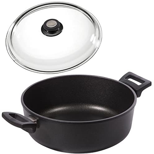 Eurolux Guss-Kasserolle Ø 24 cm Set mit Deckel aus Glas - flache runde Universal Bratenkasserolle 4.5 Liter mit Antihaft-Beschichtung - ohne Induktion - Made in Germany