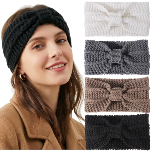 DRESHOW 4 Pièces Bandeau Cheveux pour Femme Bandeaux Hiver Serre-Tête Tricoté Oreille Réchauffeur Chaud Noué Bande Elastique Cheveux pour Femmes Filles