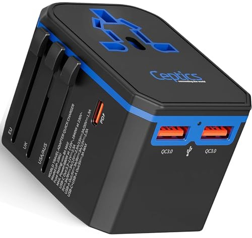 Ceptics International Power Adapter, World Travel adapter w/ PD 30W USB-C - 2 USB-A Ports Universal Adapter, Type A C G I Output for worldwide use, UP-10KU