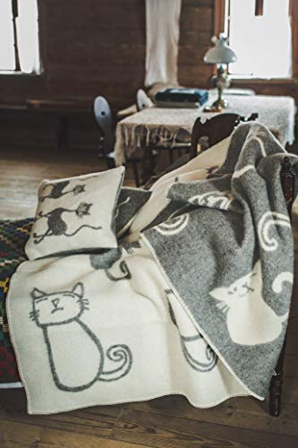 Ger3as Wendedecke Wolldecke Plaid 130 x 200 cm Warme Decke aus Schafwolle Decke Kuscheldecke Wolle Überwurf, Plaid oder Kuscheldecke für Sofa (Katze Grau)