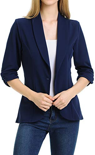 MINEFREE Women's 3/4 Ruched Sleeve Lightweight Work Office Blazer Jacket Navy S